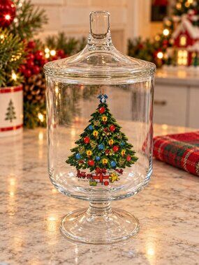 Vintage Christmas Tree Glass Candy Jar With Lid By Sabin Teddy Bear Train